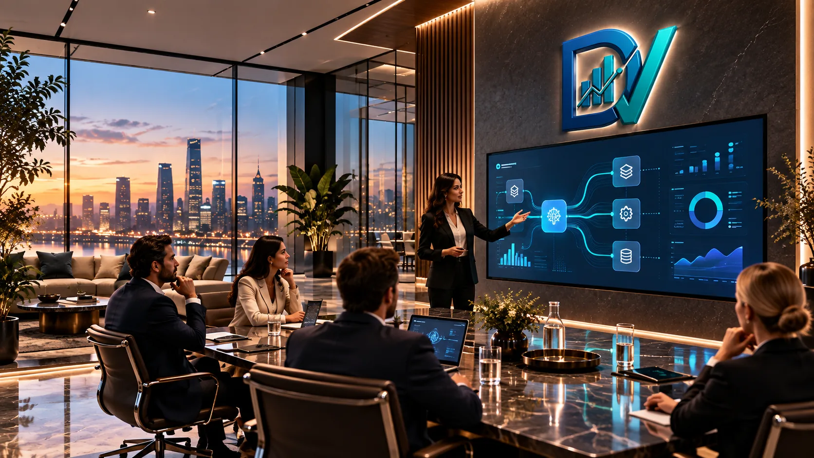 Illustrative DataVero AI strategy session in a premium boardroom